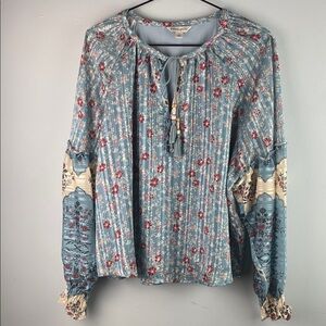 Frye and Co. Dusty Blue Floral Boho Peasant Top Size XL